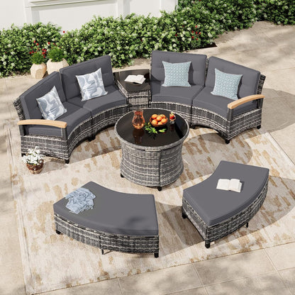 8-Piece Half-Moon Curved Outdoor Patio Furniture Set, Sectional Conversation Sofa with 2 Half-Moon Ottomans, round Coffee Table for Backyard Deck Garden, Grey2