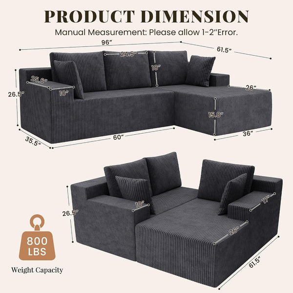 Cloud Sectional Boneless Couches for Living Room, Modular L Shaped Couch with Deep Seat Oversized Right Facing Chaise, Memory Foam Compressed Spineless 3 Seater Sofa, Wide-Striped Grey2