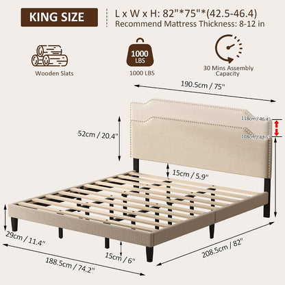 King Size Bed Frame with Upholstered Headboard, Wood Platform Bed with Soft Linen Adjustable Headboard | Elegant Studded Design | Wooden Slats | No Box Spring Needed, King Bed Frame Beige2