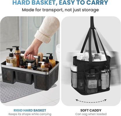 Plastic Shower Caddy Dorm: Portable Cleaning & Shower Caddy with Handle, 4 Divided Compartments, All-Side Drainage, Rigid Plastic Basket Tote for College Dorm & Bathroom Use, Black/Silver9