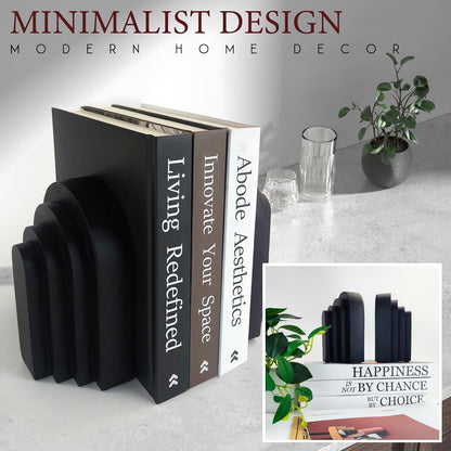 Book Ends for Heavy Books, Resin Decorative Bookends, Heavy Duty Bookend for Shelves, Book Stopper for Shelves, Modern Home Decor Aesthetic Book Ends, Layered Arch Design Set of 2(Matte Black)7