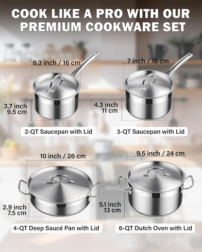 Professional Cookware Set, Stainless Steel Pots Kitchen Set Includes Saucepans, Sauté Pan, Dutch Oven with Lids - Induction Compatible, 8-Piece2