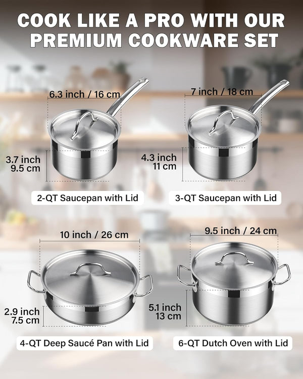 Professional Cookware Set, Stainless Steel Pots Kitchen Set Includes Saucepans, Sauté Pan, Dutch Oven with Lids - Induction Compatible, 8-Piece2