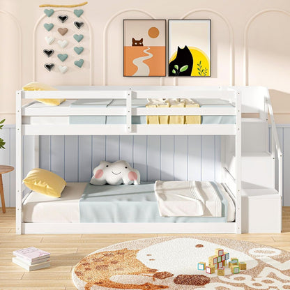 Twin over Twin Bunk Bed with Stairs, Solid Wood Floor Bunk Bed with Storage Staircase & Full-Length Guardrails, Low Bunk Bed with for Kids, Teens, Adults, Dorm, Small Space, White3