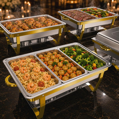 4Pack Rectangular Chafing Dishes for Buffet,Total 36QT Set with 7 Food Pans | Versatile 7 Pan Setup ,450°F Oven-Safe Pans,Hot Cold Food Service,Bonus Tongs,Easy Assembly Storage,Elegant Gold Finish1