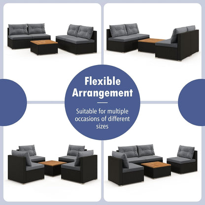 5 Pieces Wicker Patio Furniture Set, Outdoor 4 Armless Rattan Sofa & Coffee Table Set, with Cushions, Acacia Wood Tabletop, Sectional Patio Conversation Set for Lawn, Yard, Poolside, Grey8