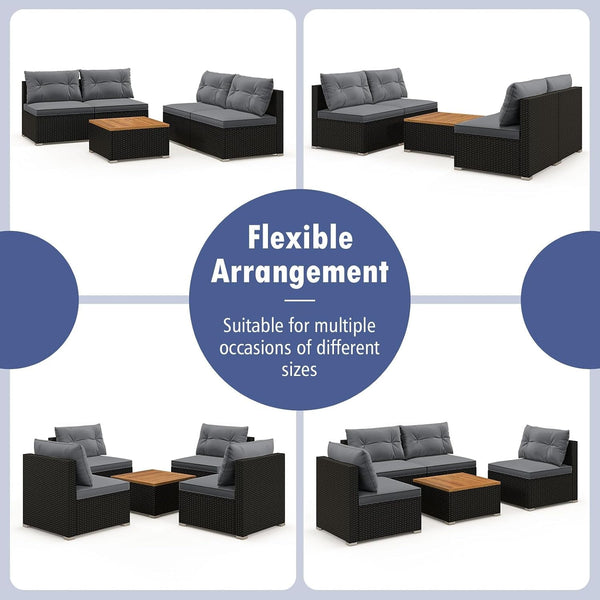 5 Pieces Wicker Patio Furniture Set, Outdoor 4 Armless Rattan Sofa & Coffee Table Set, with Cushions, Acacia Wood Tabletop, Sectional Patio Conversation Set for Lawn, Yard, Poolside, Grey8