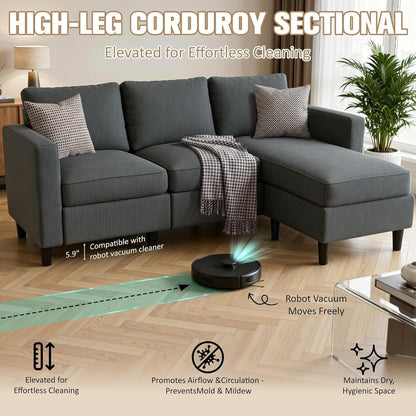 3-Seat Reversible Sectional Sofa with Ottoman, Small Couch, Grey5