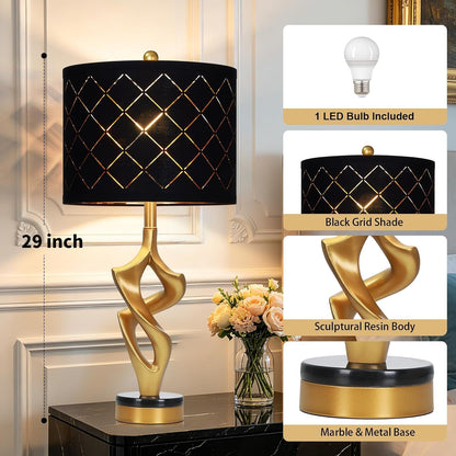 29" Tall Black and Gold Table Lamp for Living Room, 3 Color Temperatures Bedside Lamp for Bedroom Nightstand, Modern Sculptural Resin Lamp with Grid Shade (1 LED Bulb Included)2