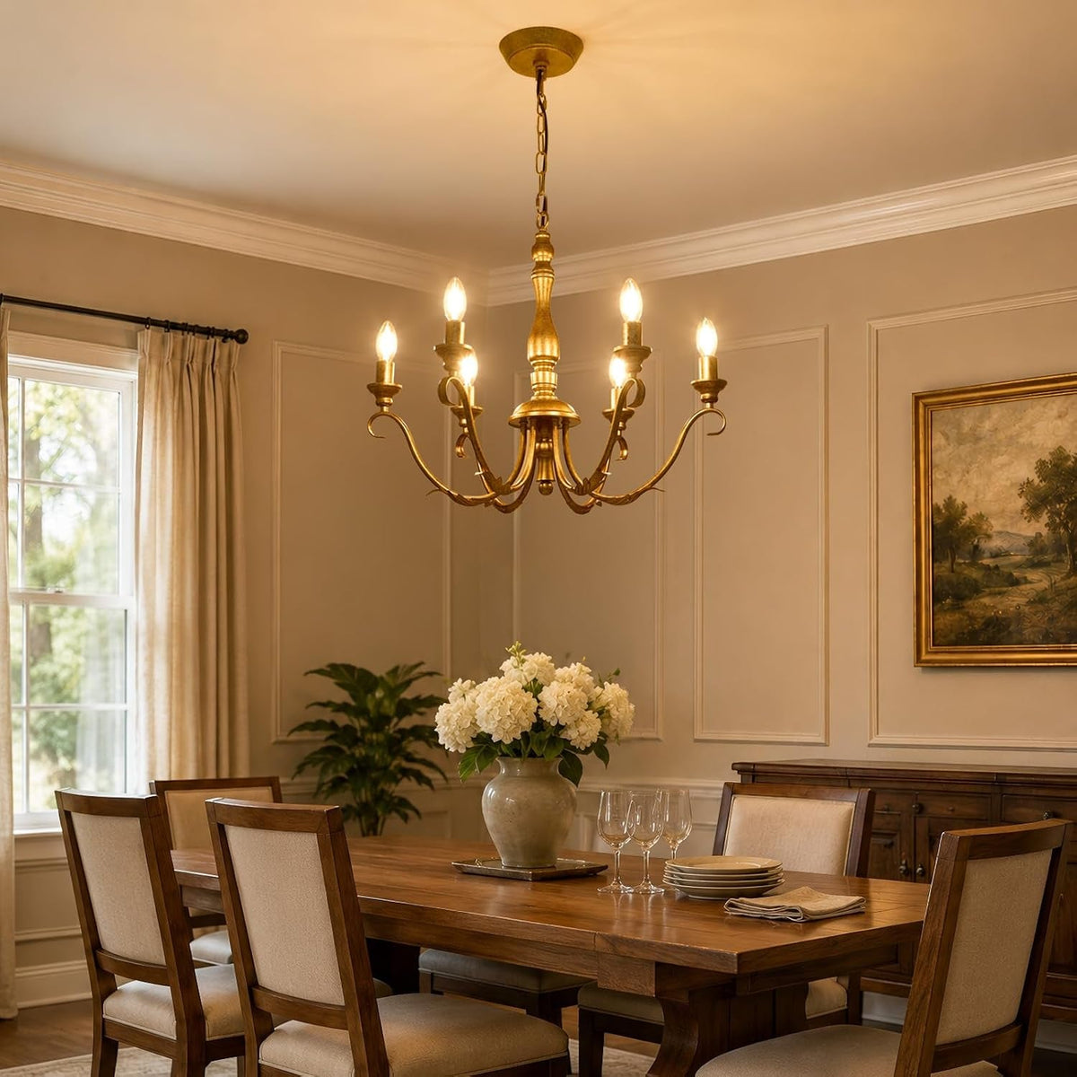 farmhouse-vintage-antique-brass-chandelier-distressed-gold-candle-fixture