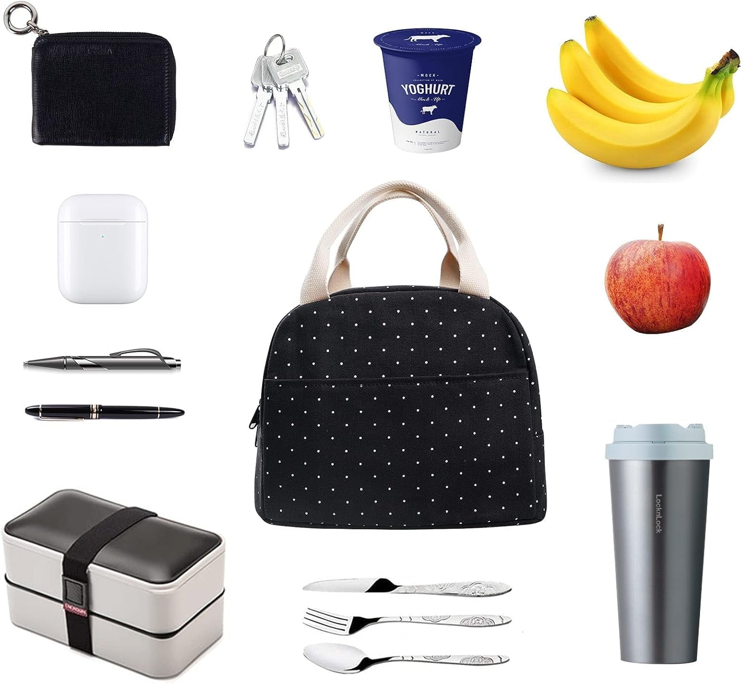 upgraded-compact-black-lunch-bag-for-girls-women-canvas-reusable-insulated-polka-dot-lunch-tote-box-bag-for-work-school