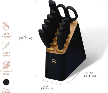 LUGBAR Beautiful 12-Piece Stainless Steel Knife Set with Block, Soft Grip Handles (Black Sesame)2