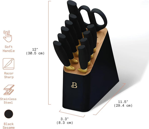 LUGBAR Beautiful 12-Piece Stainless Steel Knife Set with Block, Soft Grip Handles (Black Sesame)2