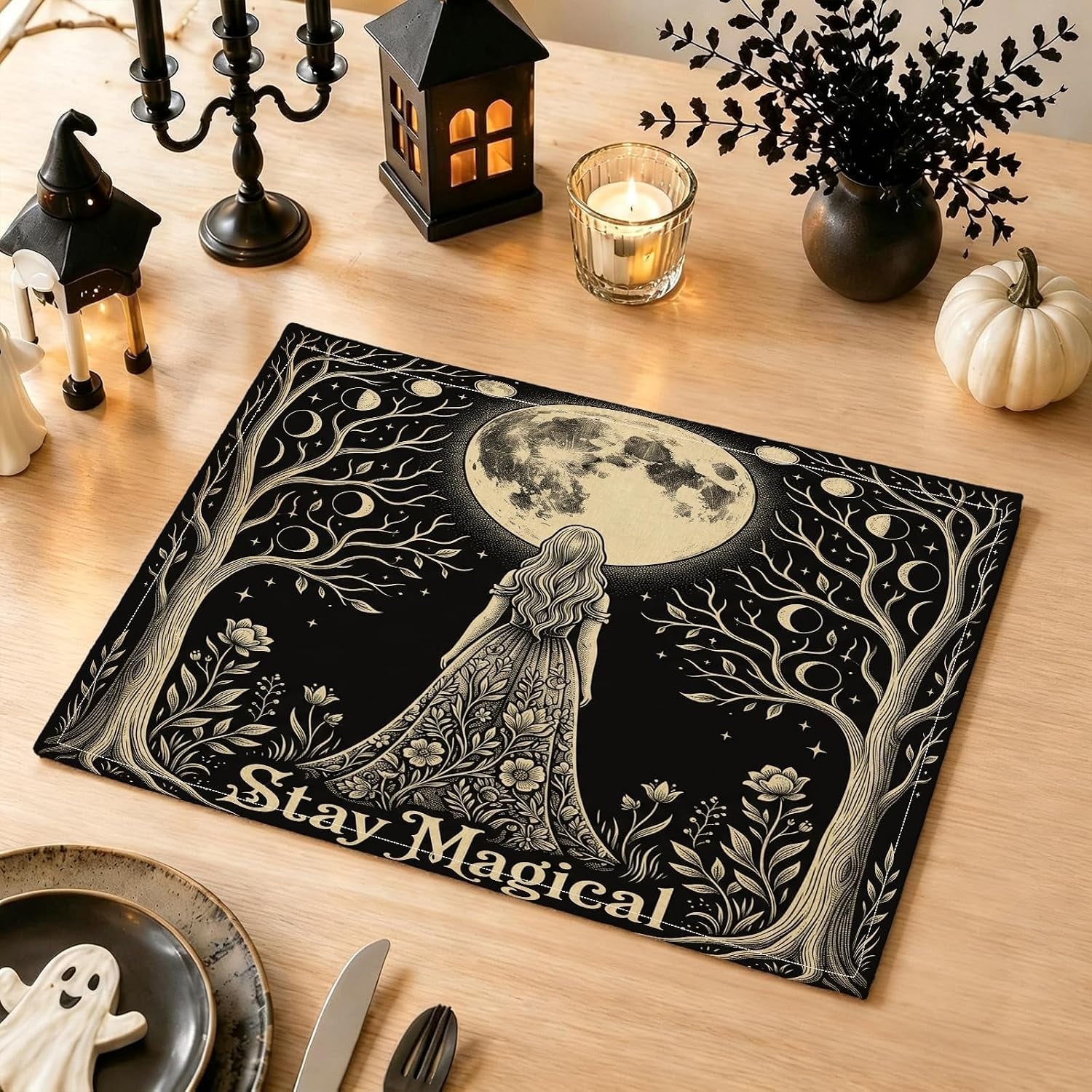 moon-placemats-set-of-6-fanciful-fantasy-trees-flowers-mystical-black-washable-non-slip-linen-placemats-decor-for-kitchen-indoor-outdoor-dinner-bbq-party-18x12-inch