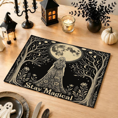 Moon Placemats Set of 6, Fanciful Fantasy Trees Flowers Mystical Black Washable Non-Slip Linen Placemats Decor for Kitchen Indoor Outdoor Dinner BBQ Party 18X12 Inch5