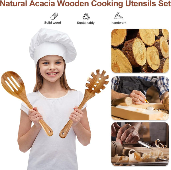 Wooden Cooking Utensils, 6 Pieces Natural Acacia Wooden Spoons for Cooking with Non Stick & Heat Resistant Design, Wooden Kitchen Utensil Set with Hanging Hole for Stirring, Mixing, Cooking8