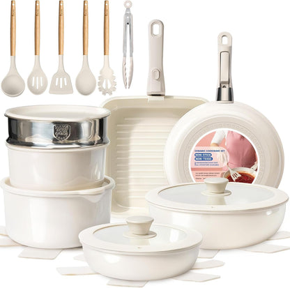 Nonstick Pots and Pans Set - Ceramic Cookware Set with Detachable Handle - 25 Pack Healthy Pans Set for Cooking - Stackable for RV Kitchen, Induction Ready - Dishwasher and Oven Safe1