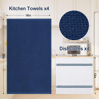 Dual Design Kitchen Towels and Dishcloths Set, 8 Pack, Navy Blue4