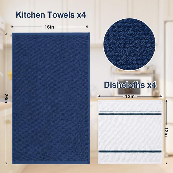 Dual Design Kitchen Towels and Dishcloths Set, 8 Pack, Navy Blue4