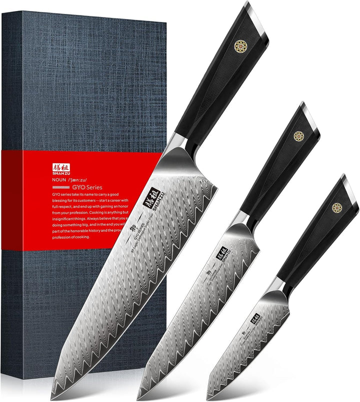 3 PCS Damascus Knife Set, Kitchen Knife Set in Damascus Steel | Professional Ultra-Sharp Japanese Knife Set, 67-Layer High Carbon Steel Chef Knife Set with Ergonomic G10 Handle