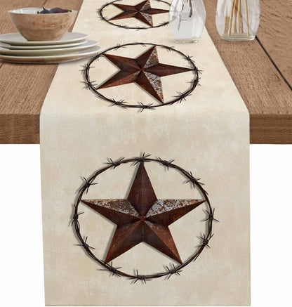 Texas Western Star Rustic Table Runner-Cotton Linen-Small 36 Inche Barn Star Dresser Scarves,Kitchen Coffee/Dining Farmhouse Cowboy Tablerunner for Country Home Living Room,Holiday Dinner Scarf Decor1