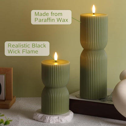 Olive Green Ribbed Flameless Pillar Candles with Remote Set of 26