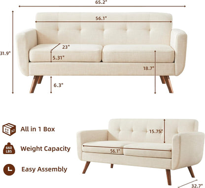 65" W Loveseat Sofa, Mid Century Modern Decor Love Seat Couches for Living Room, Button Tufted Upholstered Small Couch for Bedroom, Solid and Easy to Install Love Seats Furniture, Beige2