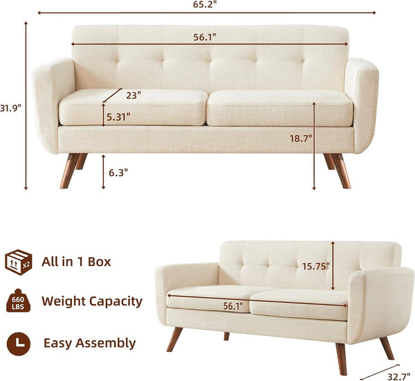 65" W Loveseat Sofa, Mid Century Modern Decor Love Seat Couches for Living Room, Button Tufted Upholstered Small Couch for Bedroom, Solid and Easy to Install Love Seats Furniture, Beige2
