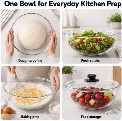 6 QT Large Glass Mixing Bowl with Lid, High Borosilicate Thickened Dough Bowl for Sourdough Bread Making, Baking, Salad Prep, Microwave Oven Safe5