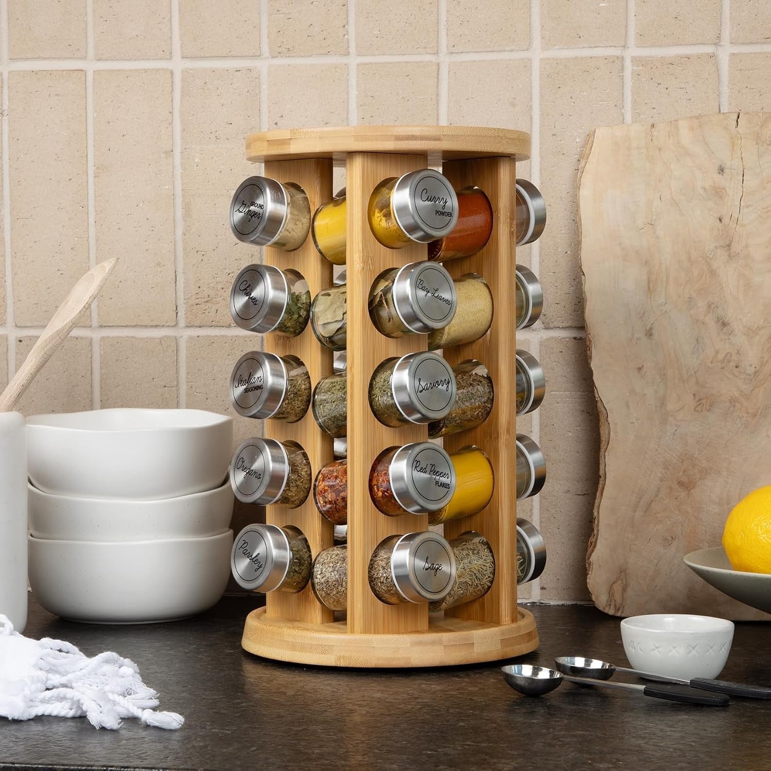 20-jar-rotating-bamboo-spice-rack-with-spices-included-5-year-free-spice-refill-program-revolving-countertop-spice-rack-with-glass-jars