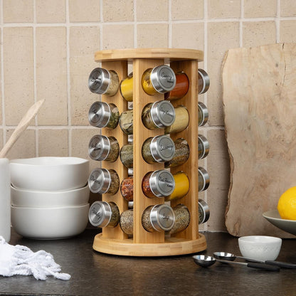 20 Jar Rotating Bamboo Spice Rack with Spices Included & 5-Year Free Spice Refill Program – Revolving Countertop Spice Rack with Glass Jars5