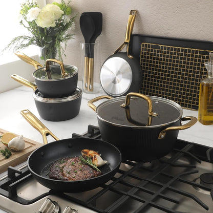 Oster Platinum Abbottsford 16 Piece Aluminum Pots and Pans PFA Free Ceramic Non Stick Induction Kitchen Cookware Set - Black W/Gold8