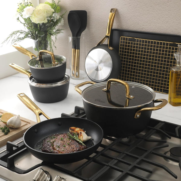 Oster Platinum Abbottsford 16 Piece Aluminum Pots and Pans PFA Free Ceramic Non Stick Induction Kitchen Cookware Set - Black W/Gold8