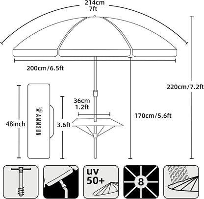 7Ft Heavy Duty High Wind Beach Umbrella with Sand Anchor, Built-In Table Tray Vent Tilt Pole, UPF 50+ Windproof Portable Outdoor Umbrellas Carry Bag for Patio Garden Pool Backyard Stripe9