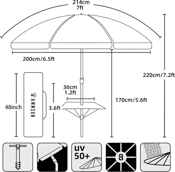 7Ft Heavy Duty High Wind Beach Umbrella with Sand Anchor, Built-In Table Tray Vent Tilt Pole, UPF 50+ Windproof Portable Outdoor Umbrellas Carry Bag for Patio Garden Pool Backyard Stripe9