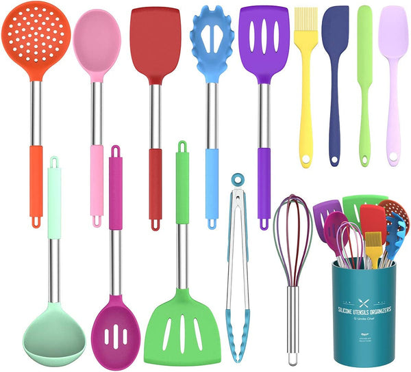 Kitchen Utensils Set, 15 Pcs Silicone Cooking Kitchen Utensils Set, Non-Stick Silicone Stainless Steel Handle Turner Spatula Spoon Tongs Whisk Cookware - Colorful1