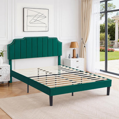 Full Size Velvet Upholstered Platform Bed Frame with Nailhead Trim,Tufted Height Adjustable Headboard,Full Bed with Wooden Slats/Mattress Foundatio/No Box Spring Needed/Under Bed Storage4