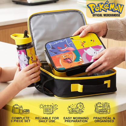 Pokemon Kids Insulated Lunch Bag 3Pc Set with Bento Box & 20 Fl Oz Bpa-Free Water Bottle with Straw, Lightweight Kids Lunch Box, Pikachu Anime Gifts for Gamers2