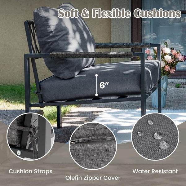 5 Pieces Rattan Outdoor Furniture Set, All-Weather Patio Conversation Set with Dark Grey Cushions and Coffee Tables for Garden, Backyard, Balcony, Poolside2