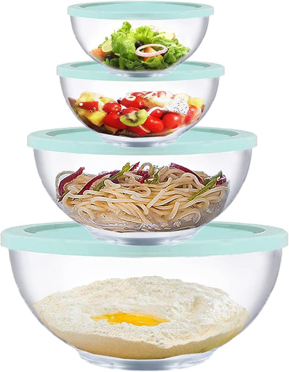 Glass Mixing Bowls with Lids Set, 8 Pieces Glass Salad Bowl Set with Lids(0.6Qt,1.1Qt,2.2Qt,4Qt) High Brosilicate Microwave Bowls for Kitchen Baking, Prepping Serving and Storage, Great Gift1