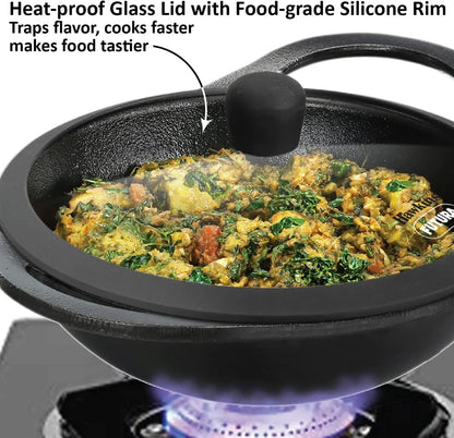 Futura 2 Litre Cast Iron Kadhai, Naturally Nonstick Cast Iron Kadai with Glass Lid, Cast Iron Cookware for Kitchen, Black (CIK20G)9