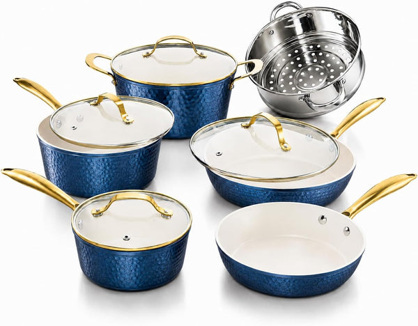 Hammered 10 Pc Pots and Pans Set Non Stick Ceramic Cookware | Heavy Duty 3.0MM Gauge, Non Toxic PFOA/PTFE/PFOS Free Ceramic & Titanium, Induction Compatible, Oven & Dishwasher Safe1
