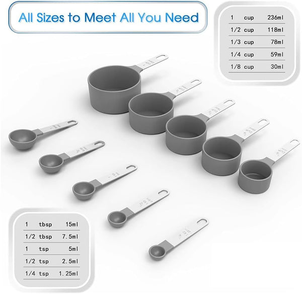 10Pcs Measuring Cups & Spoons Set, Stackable Cups and Spoons, Nesting Measure Cups with Stainless Steel Handle, Kitchen Gadgets for Cooking & Baking (Grey)3