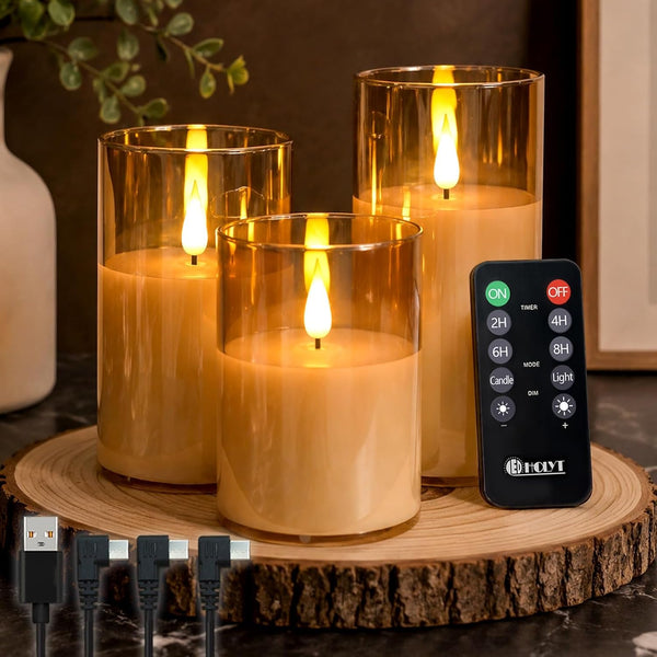 Rechargeable Gold Glass Flameless Candles, Flashing LED Pillar Real Wax Candle with Remote Control and Timer, Upgraded Teardrop Wick, LED Electronic Candles, 1 Set of 31