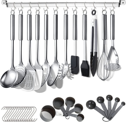Kitchen Utensils Set 38 Pieces, Stainless Steel Cooking Utensils Set, Kitchen Gadgets Cookware, Kitchen Tool Set with Utensil Holder Rack and Hooks for Hanging Dishwasher Safe1