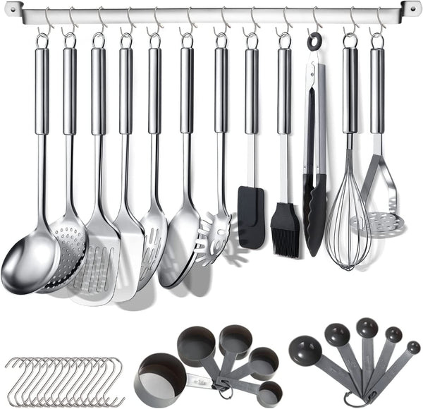 Kitchen Utensils Set 38 Pieces, Stainless Steel Cooking Utensils Set, Kitchen Gadgets Cookware, Kitchen Tool Set with Utensil Holder Rack and Hooks for Hanging Dishwasher Safe1