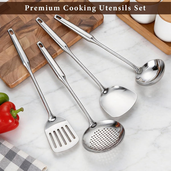 4-Piece Cooking Utensils Set, Stainless Steel Kitchen Utensils, Metal Kitchen Tools Include Solid & Slotted Turner Wok Spatula, Serving Spoon, Ergonomic Handle, Easy to Clean4