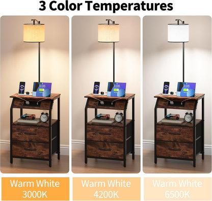 End Table with Floor Lamp, Nightstand with Charging Station, Floor Lamp Table with 3-Color Temperature Bulb, Bedside Table Night Stand with 2 Drawers for Bedroom, Living Room, Brown6