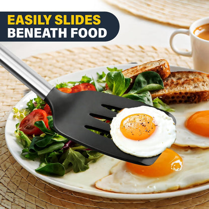 2 Pack Silicone Spatula Set, Solid & Slotted Turner for Non-Stick Pans, High Heat Resistant Silicone Spatula for Cooking, Bpa-Free Stainless Steel Cooking Utensils for Fish, Eggs, Pancakes, Black5
