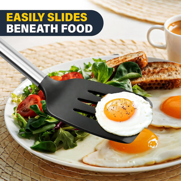 2 Pack Silicone Spatula Set, Solid & Slotted Turner for Non-Stick Pans, High Heat Resistant Silicone Spatula for Cooking, Bpa-Free Stainless Steel Cooking Utensils for Fish, Eggs, Pancakes, Black5